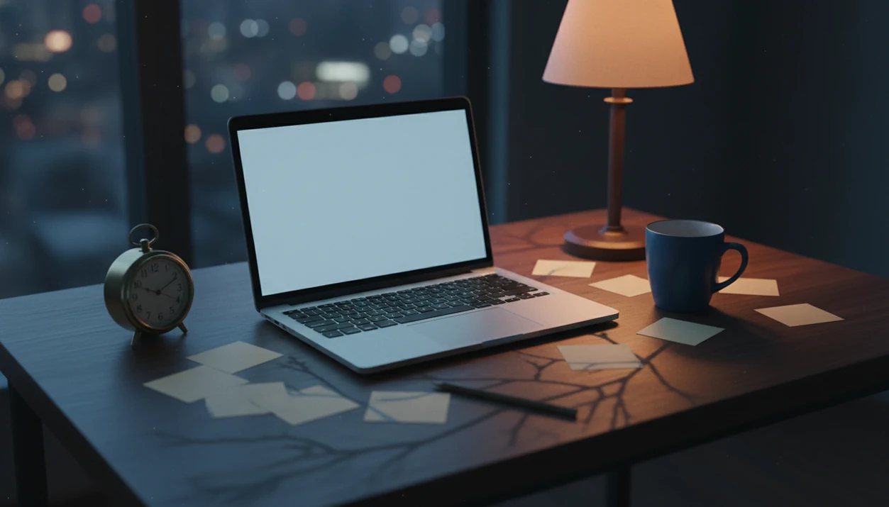 A late-night study desk with a glowing laptop, coffee mug, clock, and shadows suggesting brain fatigue.