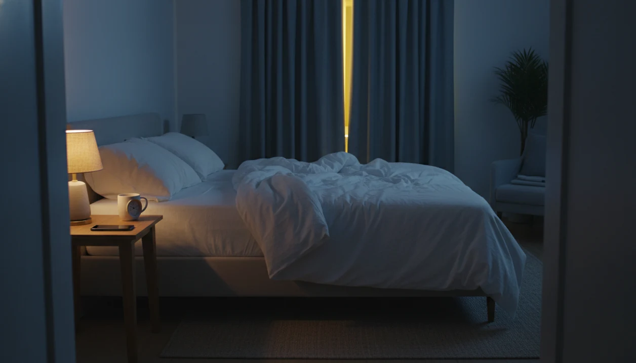 A quiet moonlit bedroom with rumpled sheets and a dim bedside lamp after a nighttime wake-up.