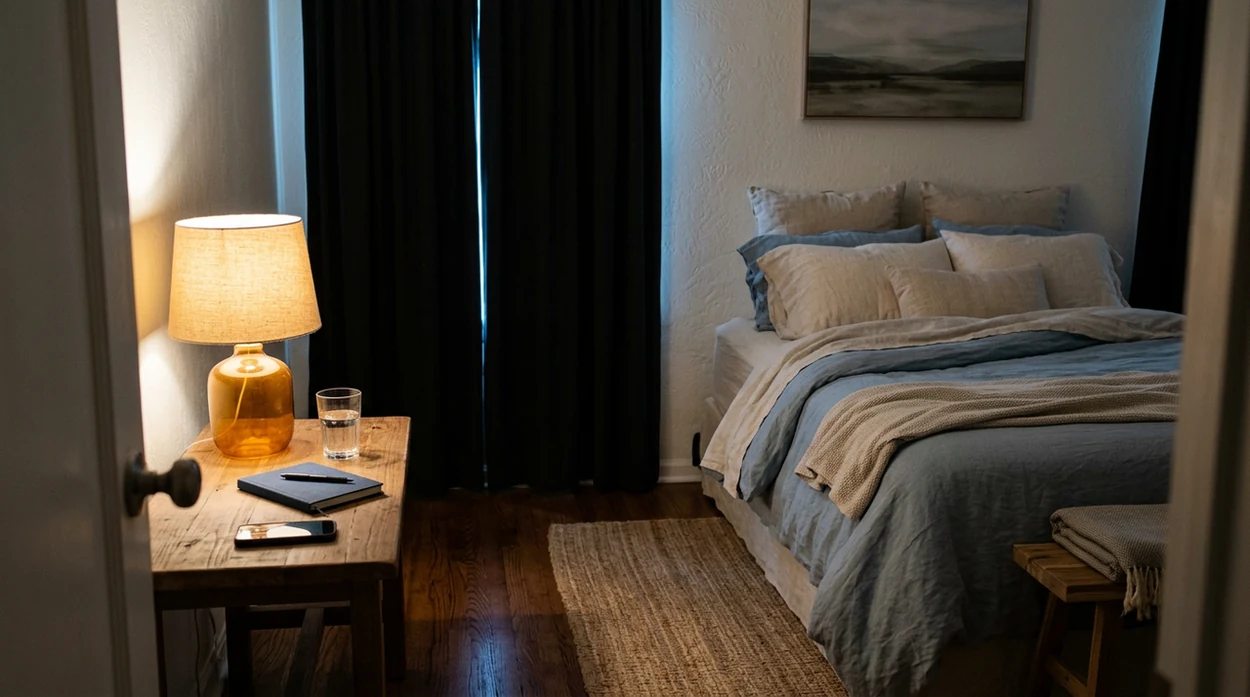 A calm bedroom with soft lighting, a face-down phone, notebook, and bed ready for sleep.