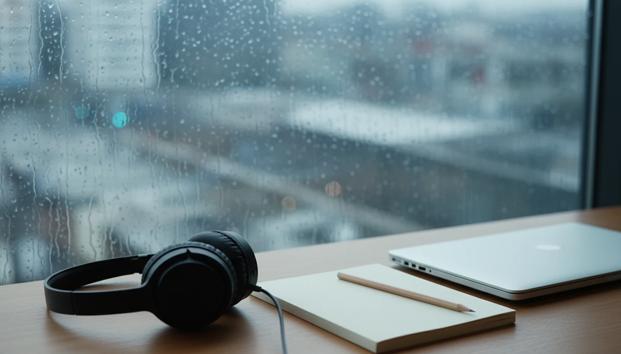 A quiet desk with headphones, notebook, and rain-streaked window suggesting calm ambient focus audio.