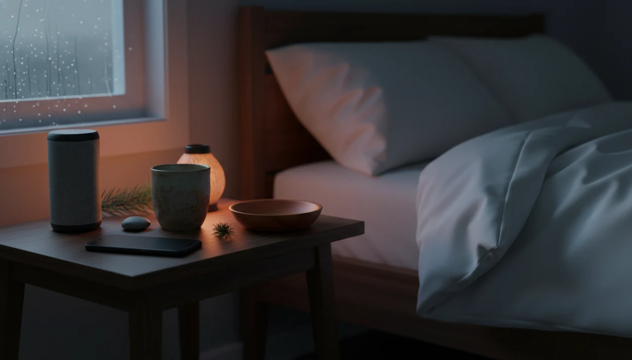 A quiet bedside table with sleep audio objects, rain on the window, and natural soundscape cues.