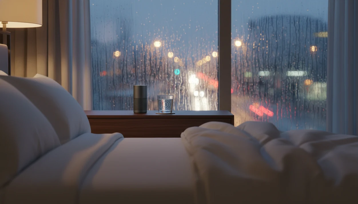 A quiet bedroom at night with a speaker away from the bed and rain-blurred streetlights outside.