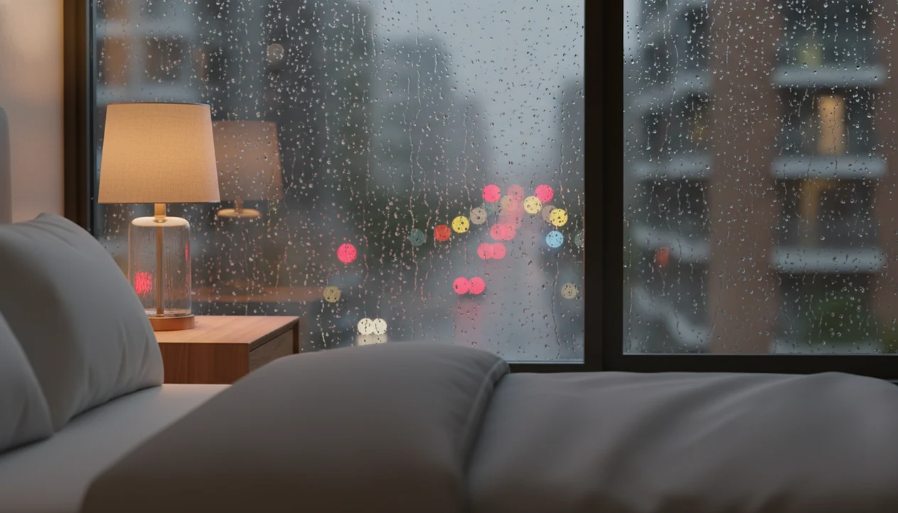A calm bedroom with a rain-speckled window, dim lamp, and blurred city lights at night.