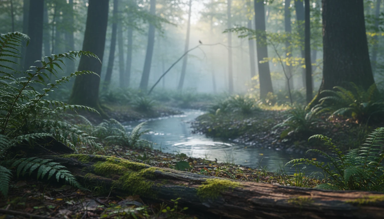 A misty dawn forest with ferns, a stream, birds, and wind-moved leaves suggesting a calm soundscape.