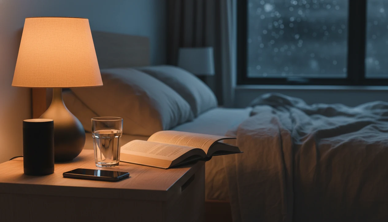 A quiet bedside setup with a face-down phone, speaker, lamp, and rainy window for a sleep routine.