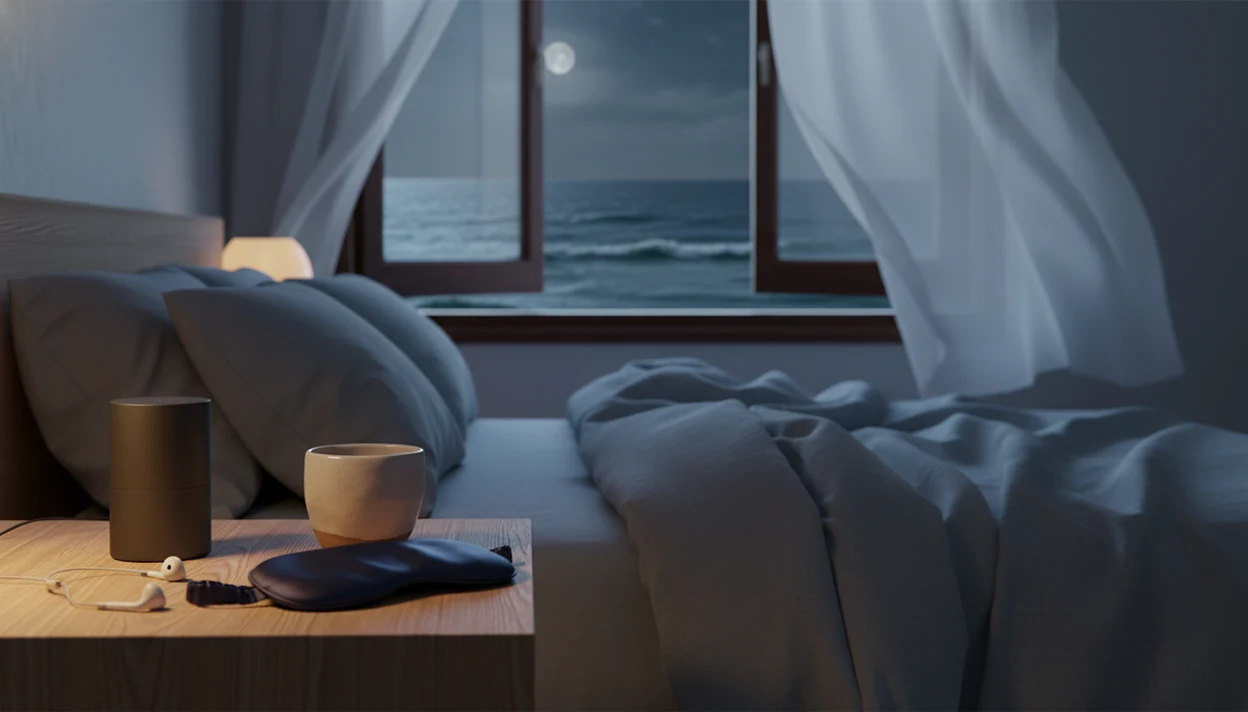 A quiet coastal bedroom with a bedside speaker and moonlit ocean waves beyond the window.