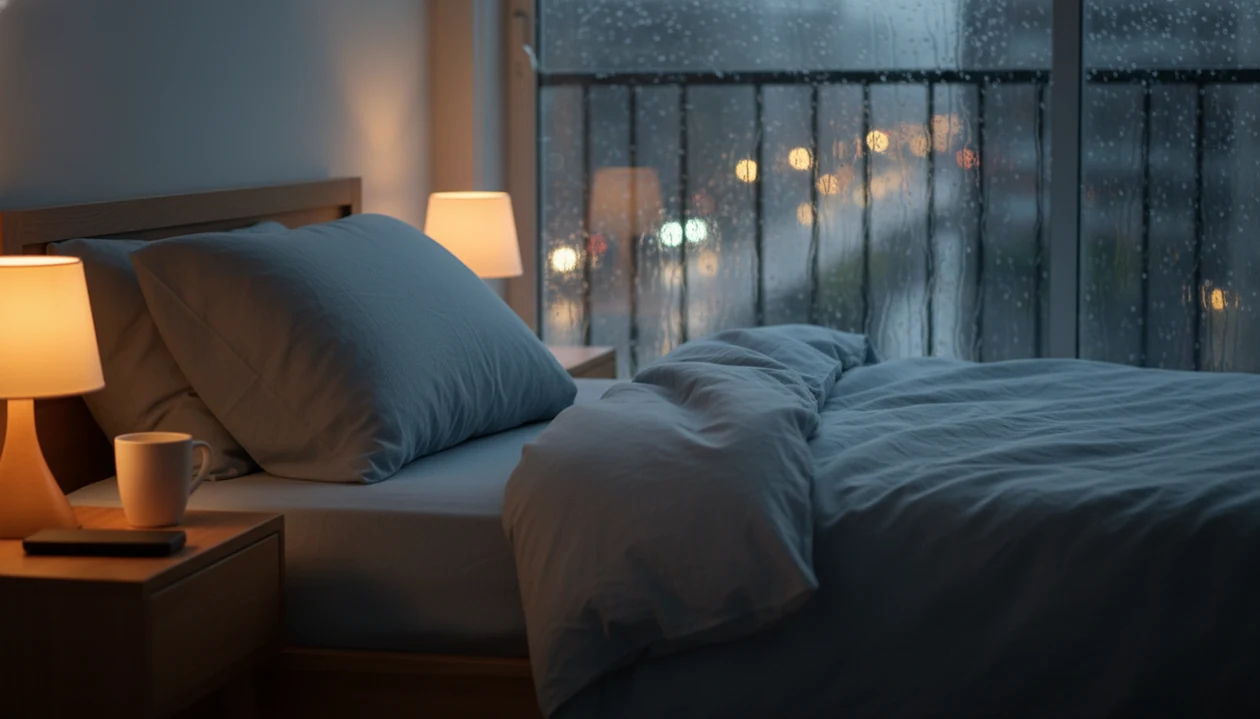 A quiet bedroom with rain on the window and a dim bedside lamp creating a calm sleep setting.