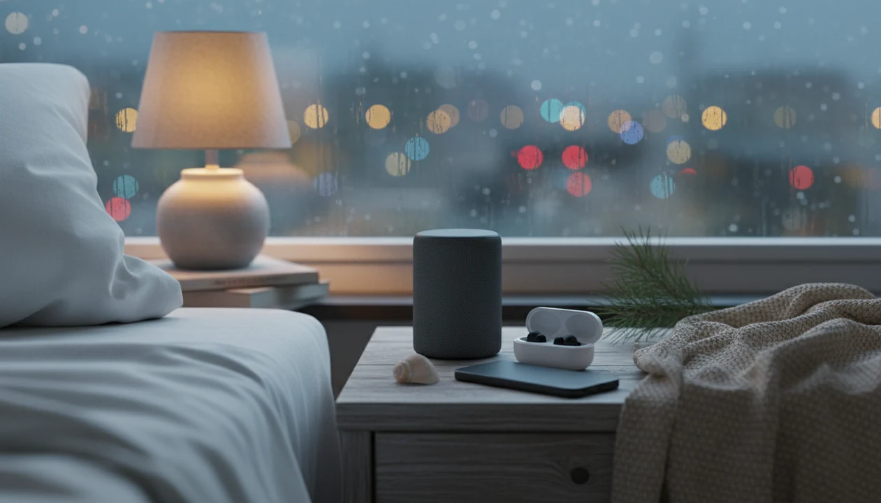 A calm nightstand with a speaker, phone on the nightstand with sleep audio ready.