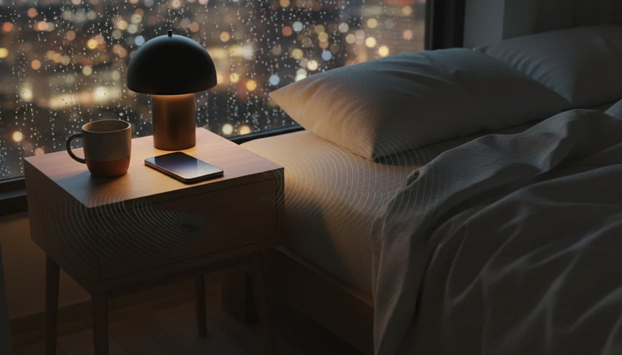 A dim bedside scene shows a phone beside soft bedding as gentle sound-like ripples fill the quiet room.