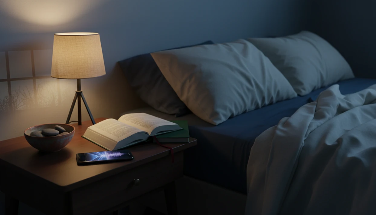 A bedside table suggests choosing between calming soundscapes and a sleep story before bed.