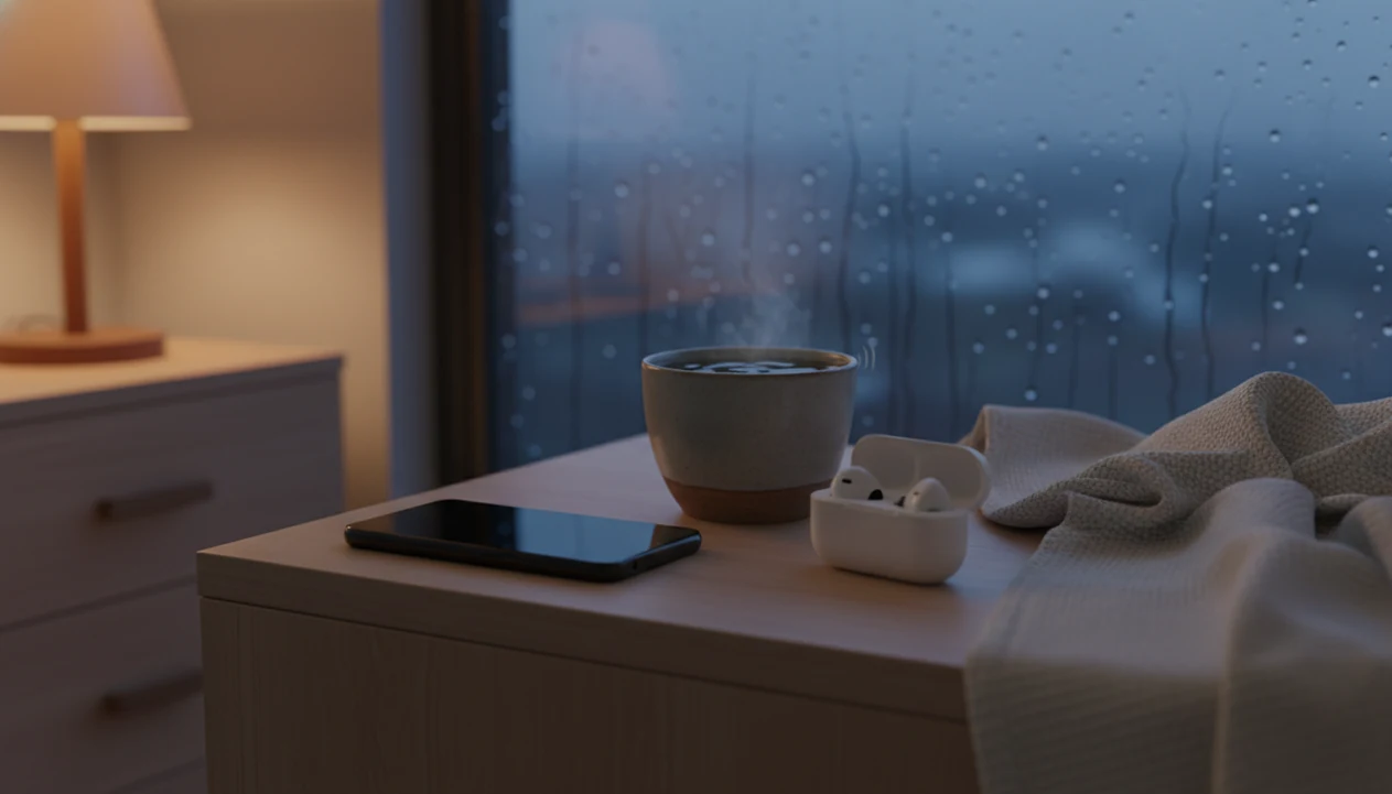 A quiet bedside scene with rain on the window, tea, soft lamp and phone beside the bed.