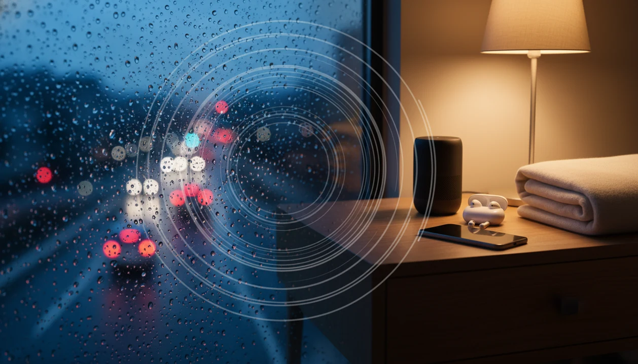 A calm bedroom scene contrasts outside noise with bedside audio tools for meditation and sleep sounds.