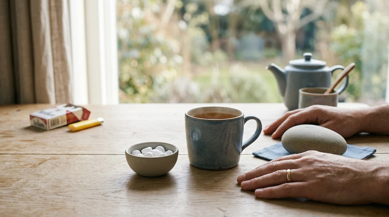 A calm tabletop scene shows cigarettes pushed aside while tea, mints, and resting hands suggest a craving pause.
