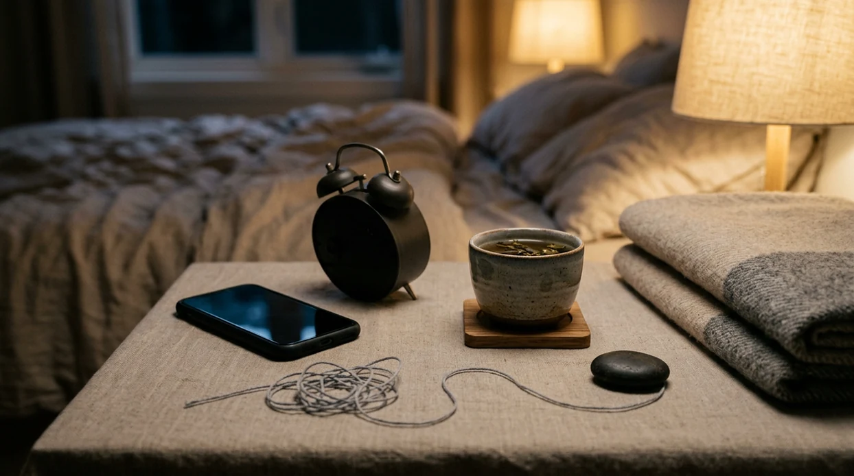 A calm bedside still life with tea, a face-down phone, a stone, and thread untangling in warm light.