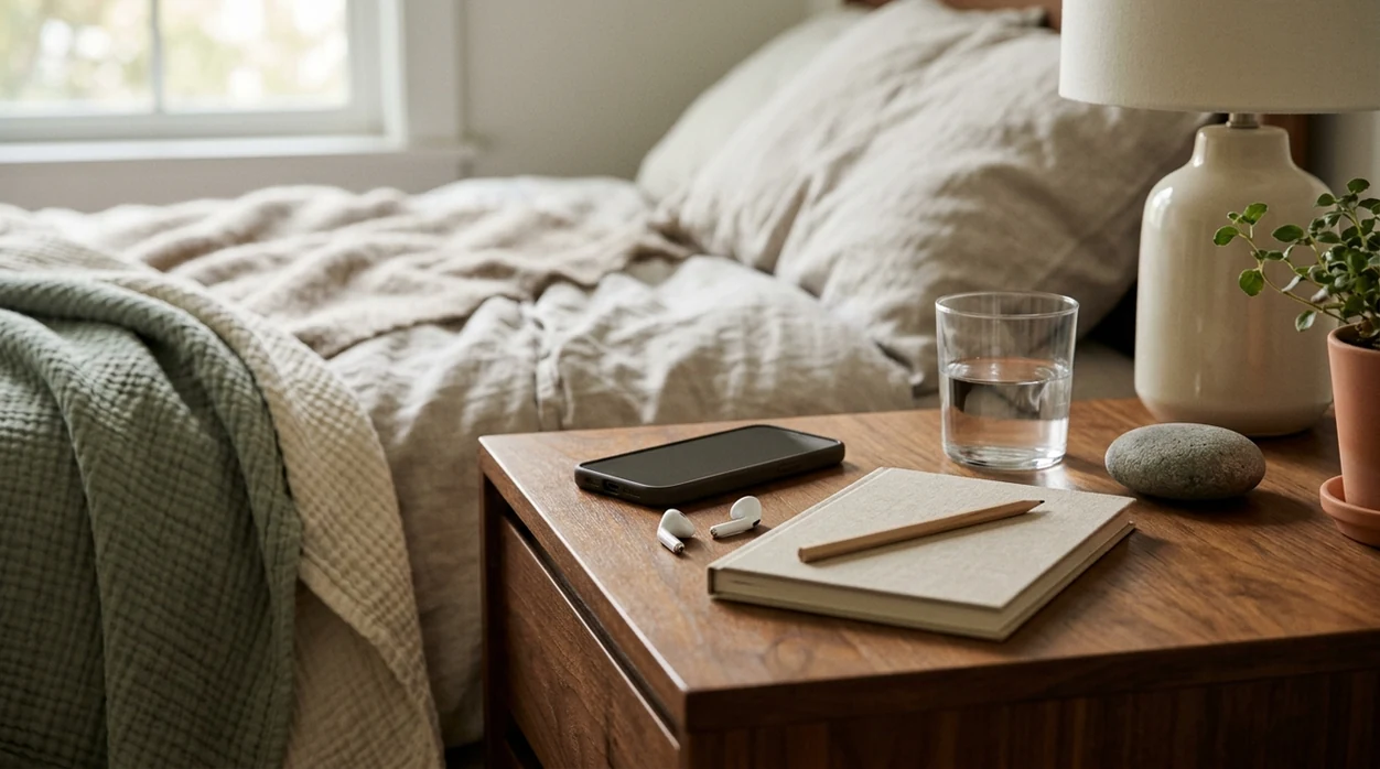 A calm nightstand with earbuds, notebook, water, and a grounding stone for recovery meditation support.