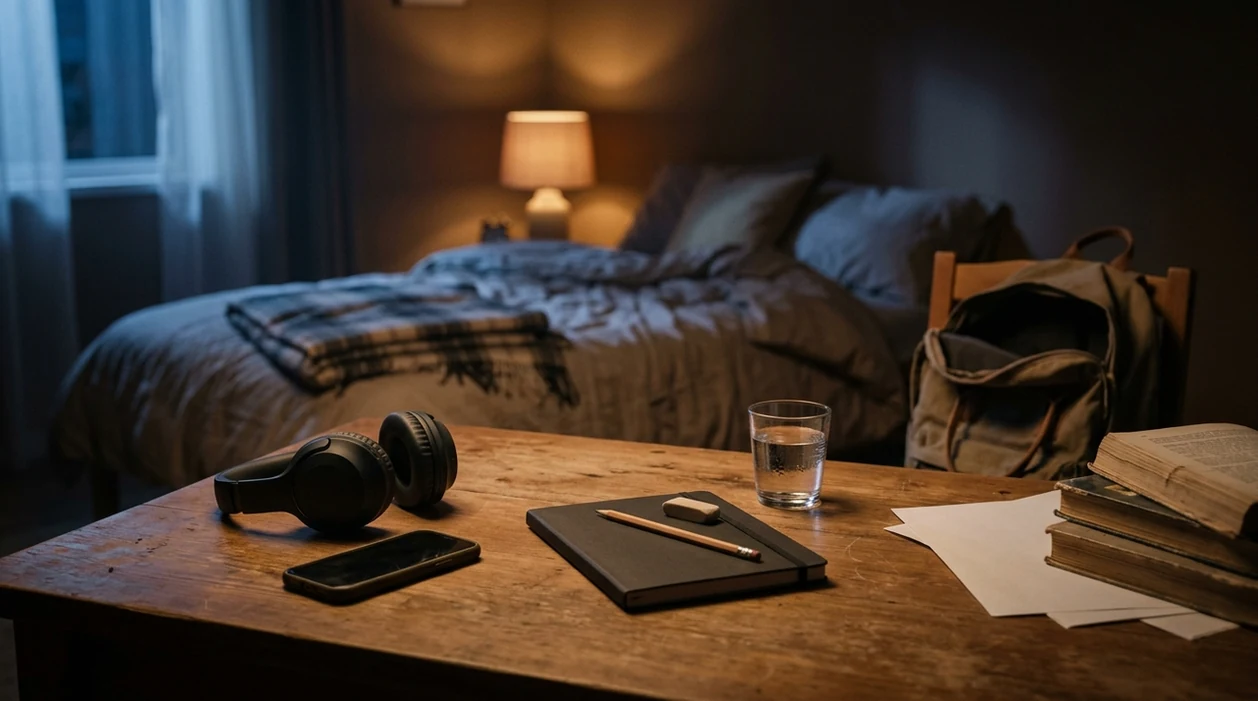 A calm teen bedroom desk at night with a phone face down, headphones, books, and warm bedside light.