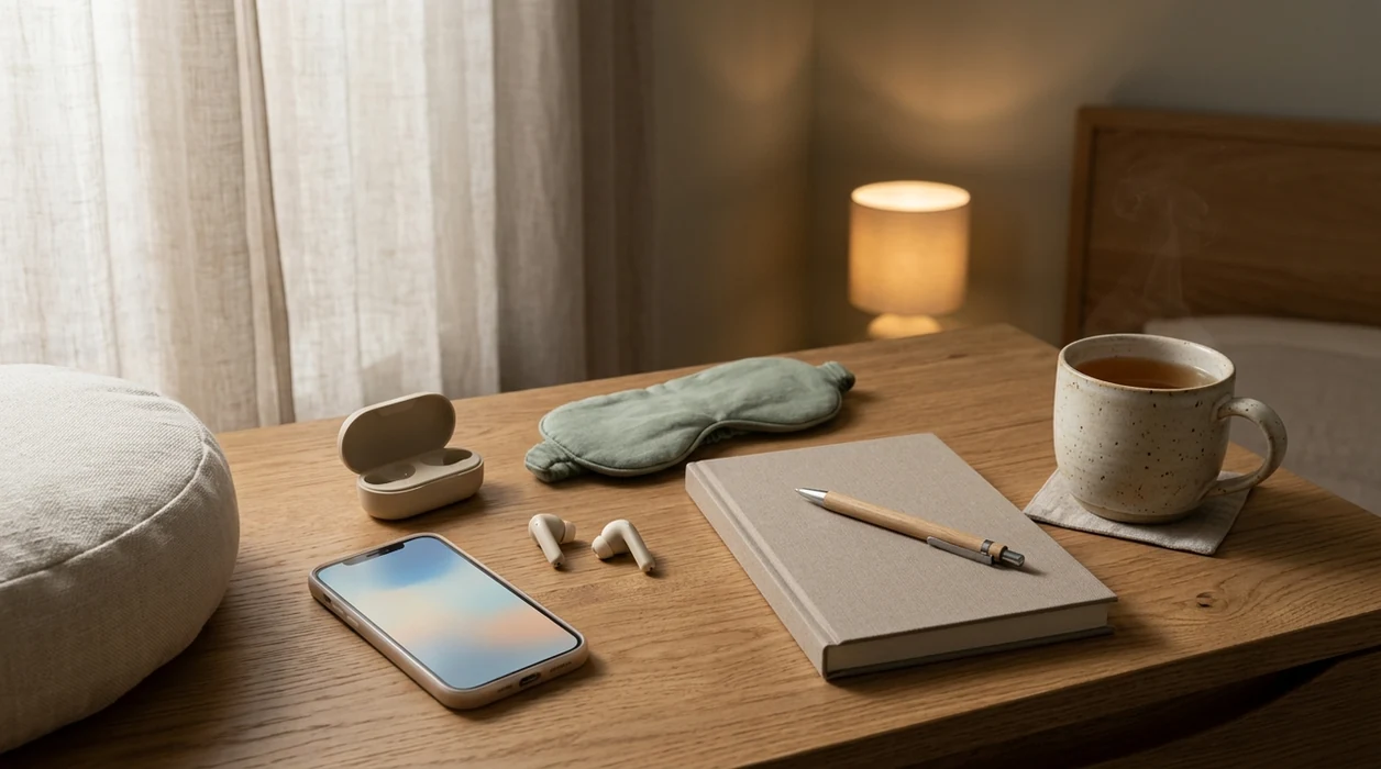 A simple meditation kit with a phone, bedside phone with a downloaded calm track.