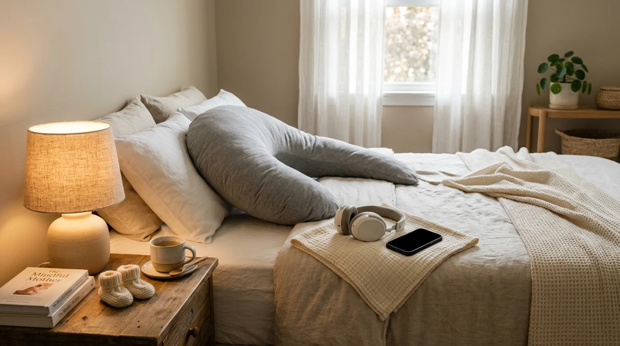 A calm bedside pregnancy meditation setup with a pillow, headphones, tea, and soft morning light.