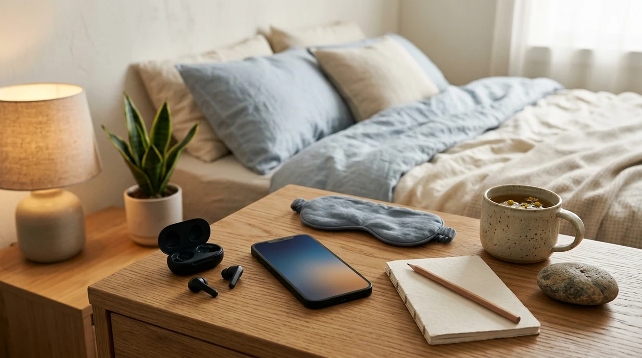 A calm nightstand with a phone, sleep mask and phone on the nightstand.