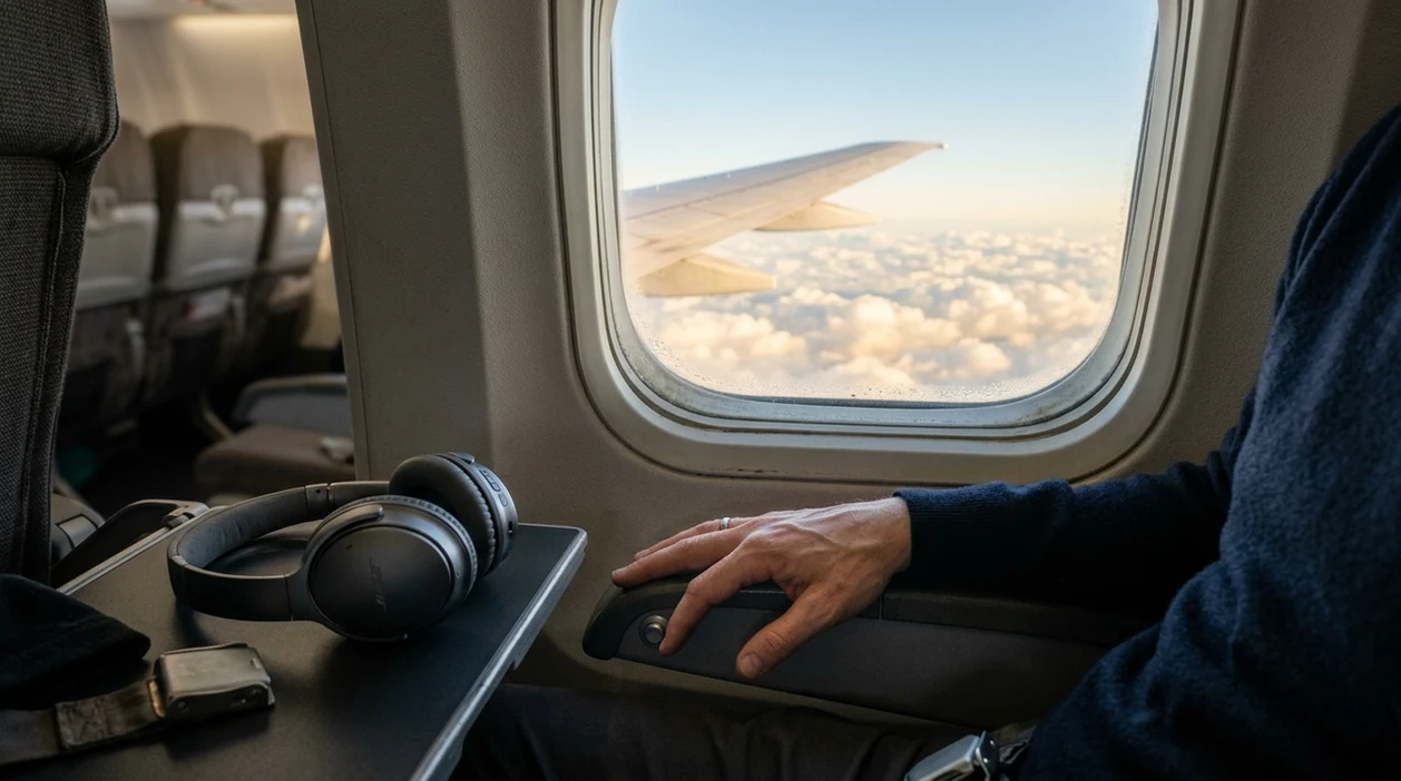 A calm airplane window seat with headphones, a relaxed hand on the armrest, and clouds beyond the wing.