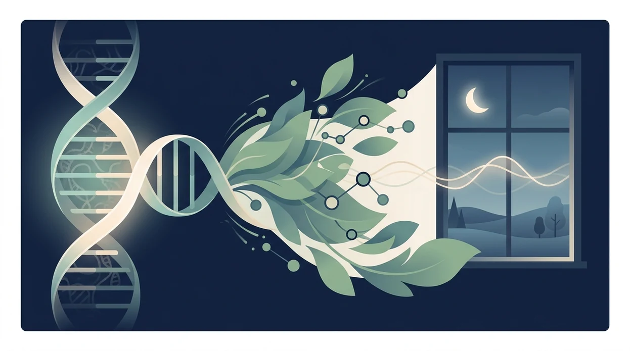 An abstract illustration connects a DNA helix, folate shapes, molecule nodes, and a calm moonlit bedroom.