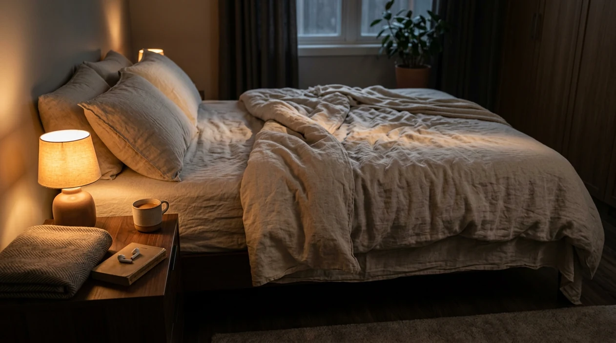 A quiet bedroom with soft light suggesting attention moving through the body during meditation.