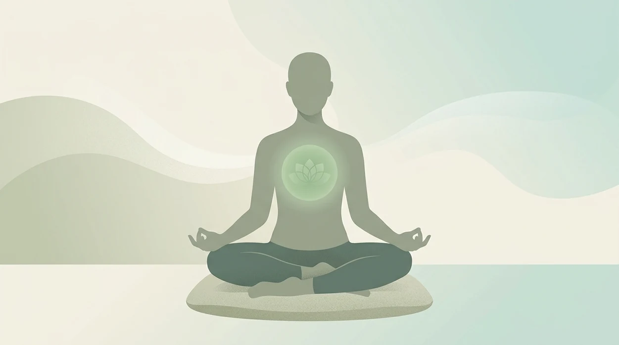 A calm meditating figure with a soft green glow at the center of the chest.