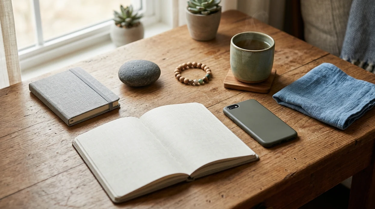 A calm desk scene with five symbolic objects arranged around a blank journal for anxiety therapy options.