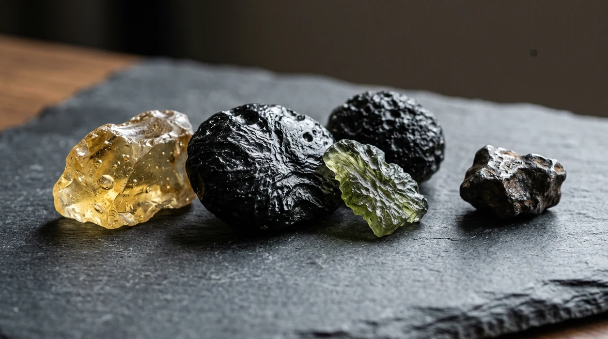 Close-up still life of pitted glass meteorite specimens and a small meteorite-like stone on dark rock.