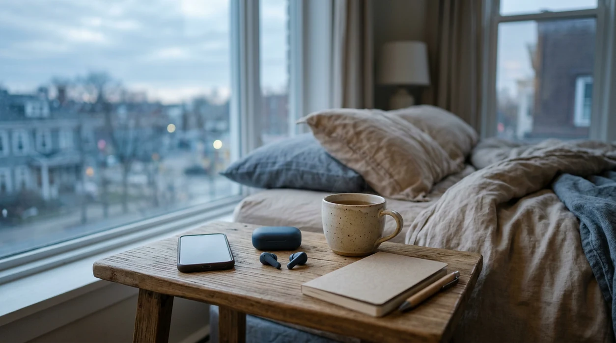 A calm bedside mindfulness setup with tea, speaker and dim light on the bedside table.