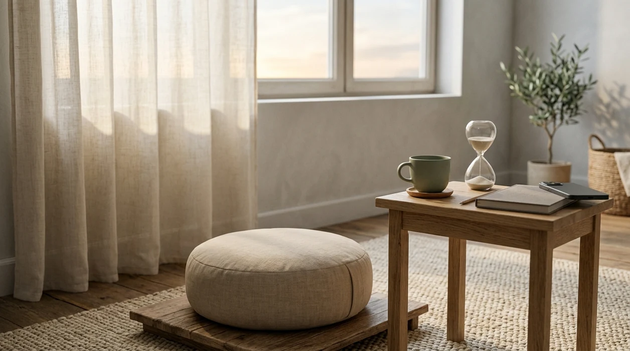 A quiet meditation corner with a cushion, sand timer, notebook, and soft morning light.