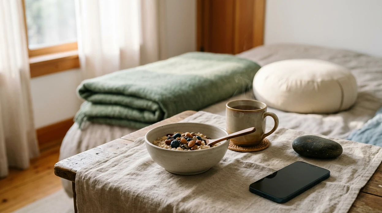 A calm meal setting with tea, a meditation stone, and a face-down phone in soft morning light.