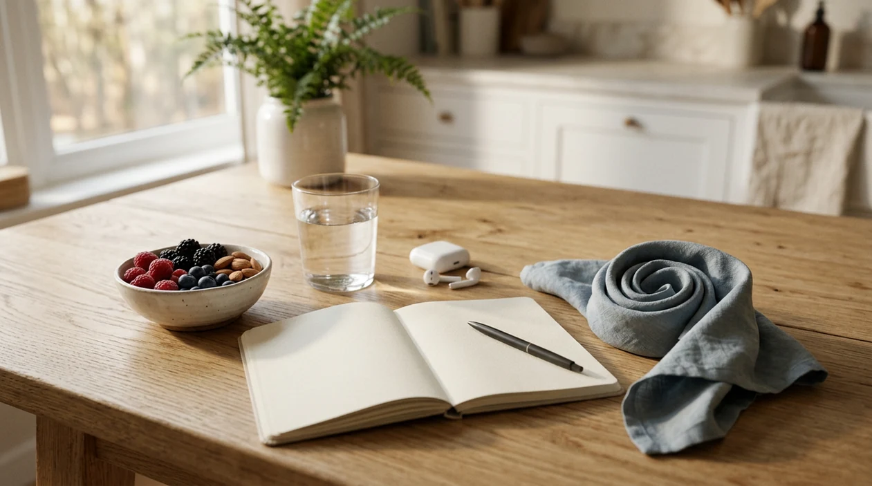 A calm kitchen still life with healthy food, phone on the nightstand with sleep audio ready.