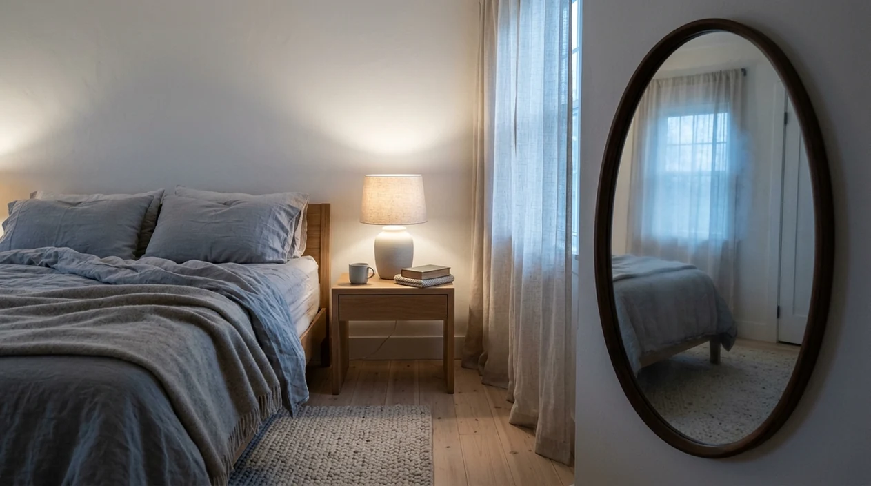 A calm bedroom reflected in a slightly hazy mirror, suggesting a subtle sense of unreality.