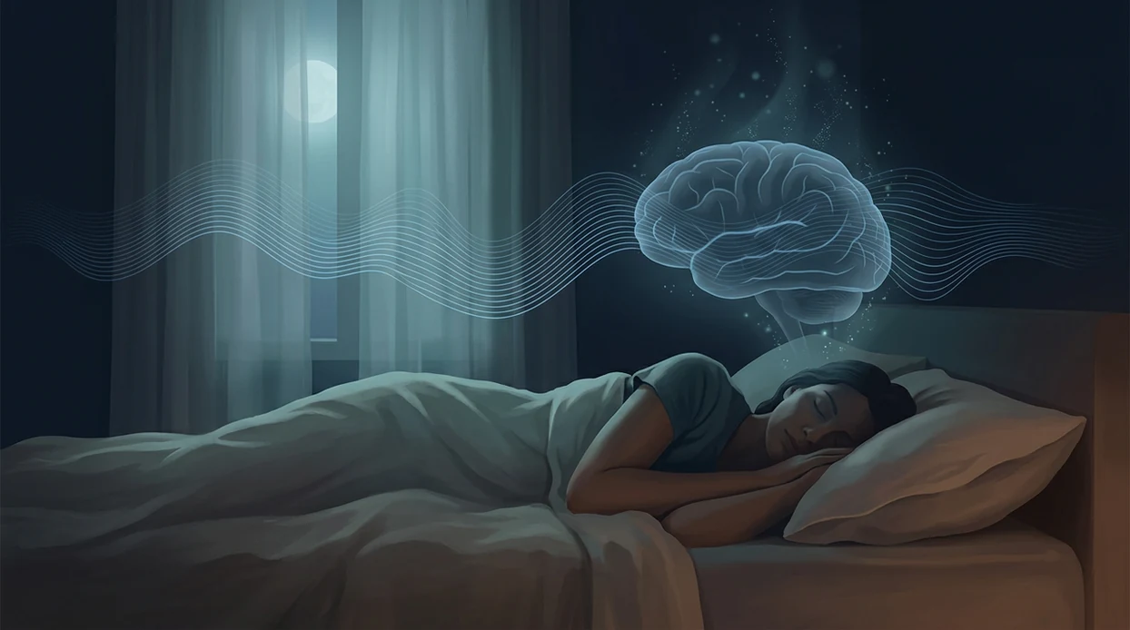 A sleeping person with soft blue delta waves above them suggesting slow wave sleep and brain recovery.
