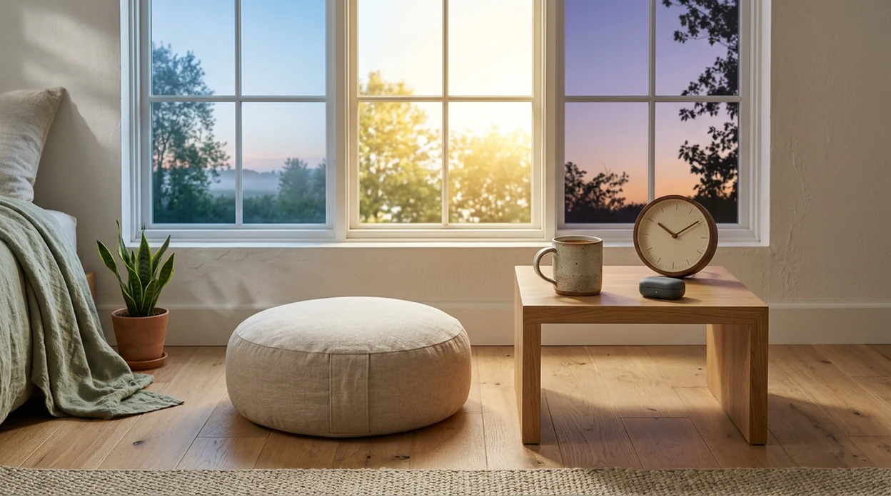 A meditation cushion, clock, and mug sit in a calm room lit by dawn, day, and evening tones.