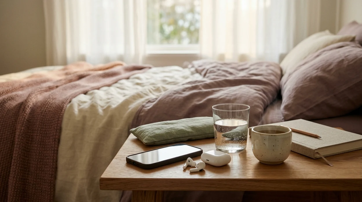 A calm bedside still life with low light, blanket, and phone for guided audio.