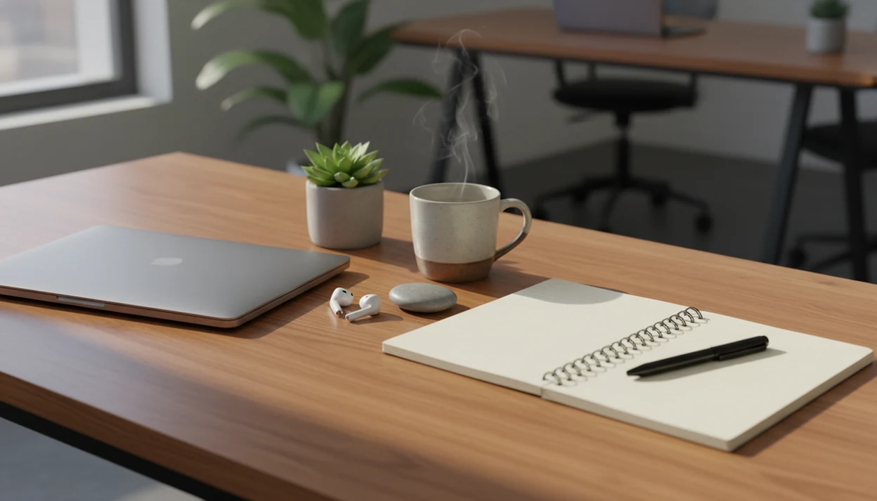 A calm work desk with a closed laptop, mug, plant, and blank notebook arranged for a mindful pause.