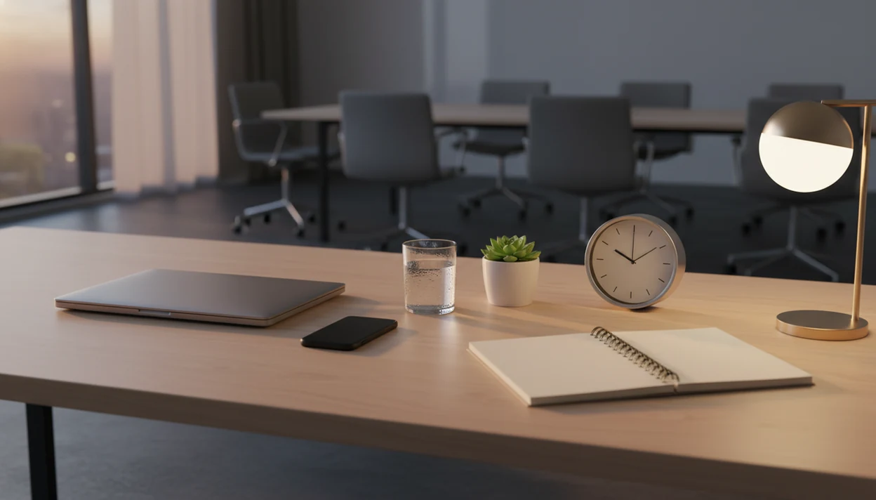 A calm office desk with a closed laptop, muted phone, clock, plant, and blank notebook after work.