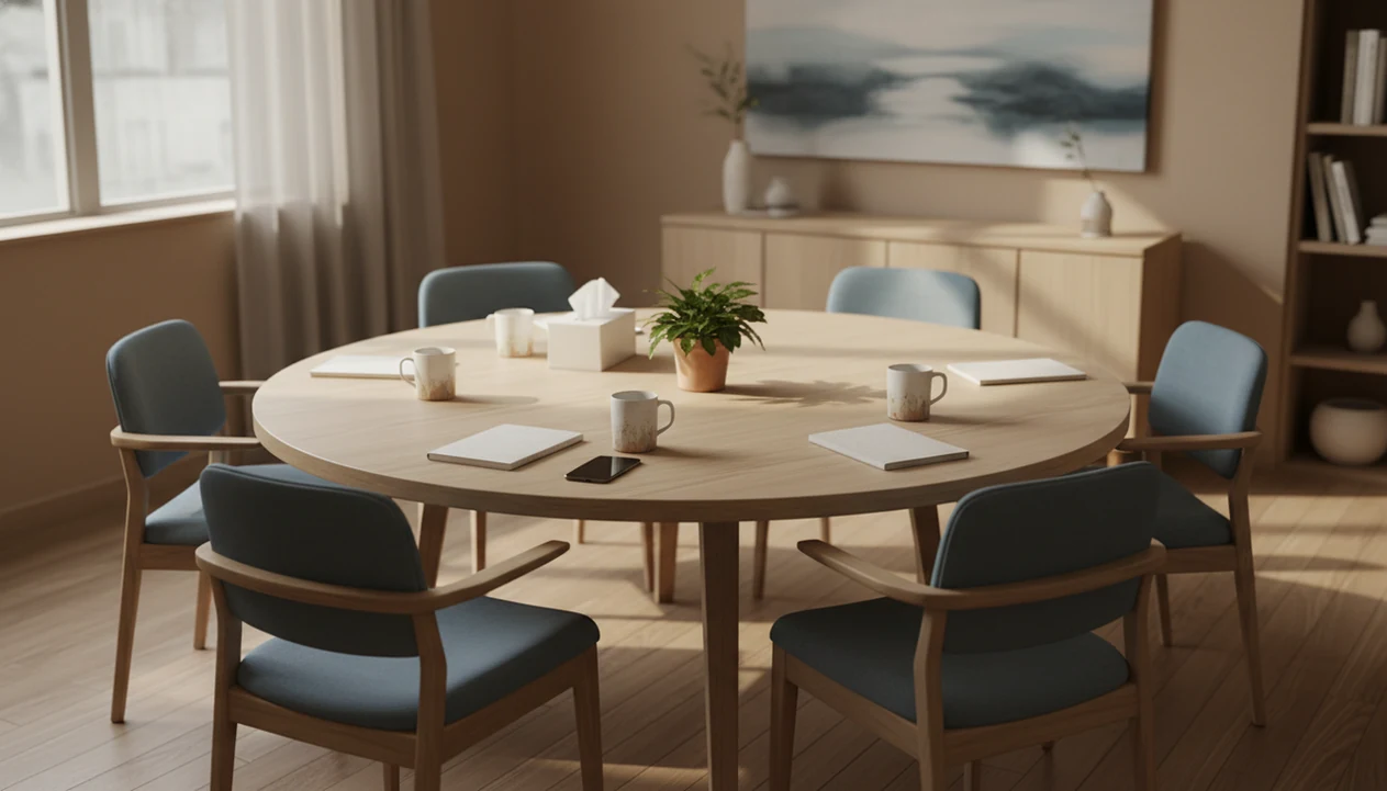 A calm meeting room with mugs, notebooks, tissues, and a plant on a round table after a team discussion.