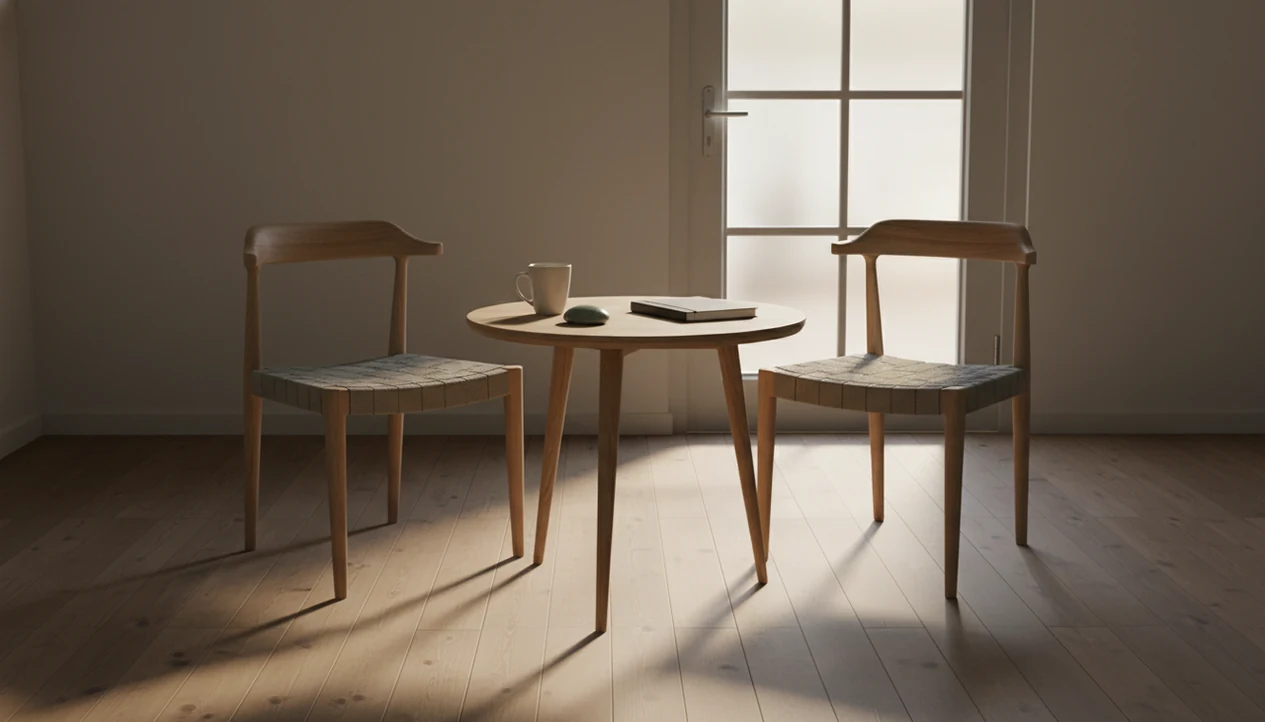 A calm meeting room with two chairs, a notebook, mug, and worry stone before a difficult conversation.