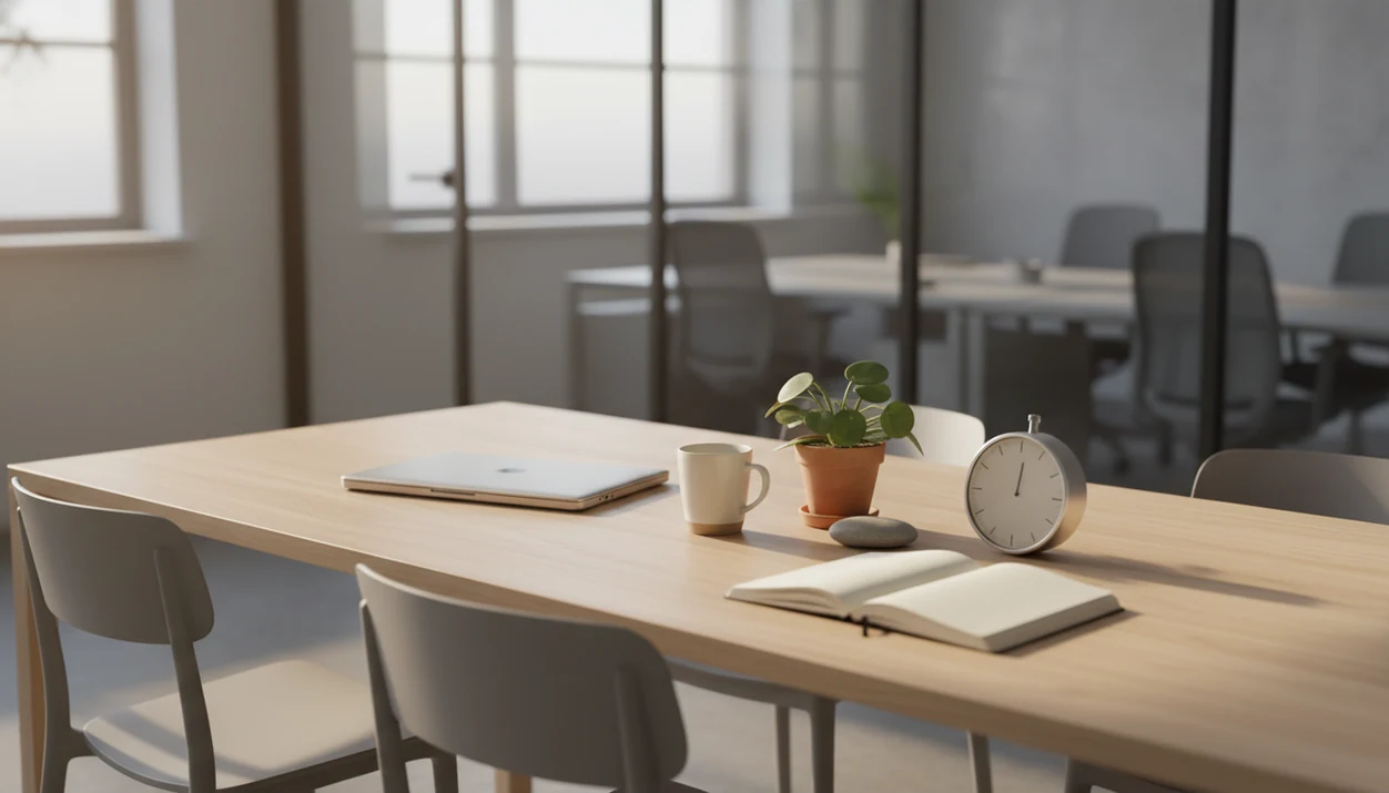 A calm workplace table with a laptop, mug, plant, and notebook in soft morning light.