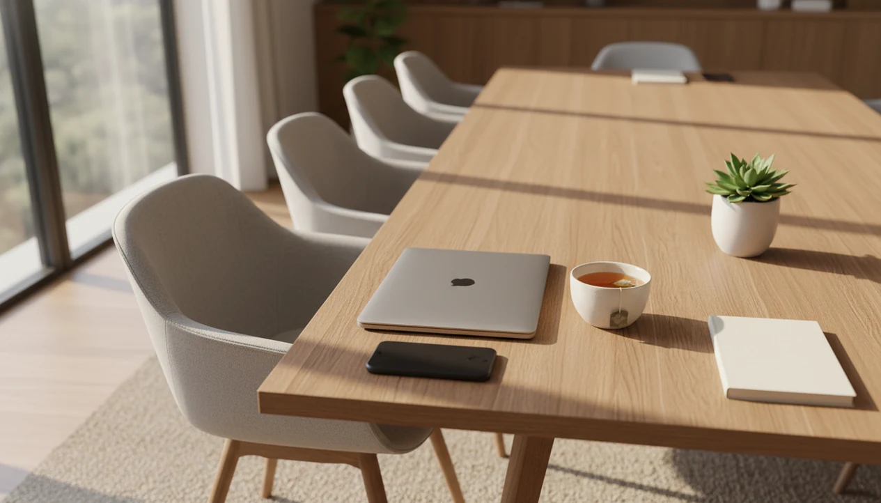 A quiet meeting room with a notebook, tea, plant, and soft morning light suggesting calm leadership.