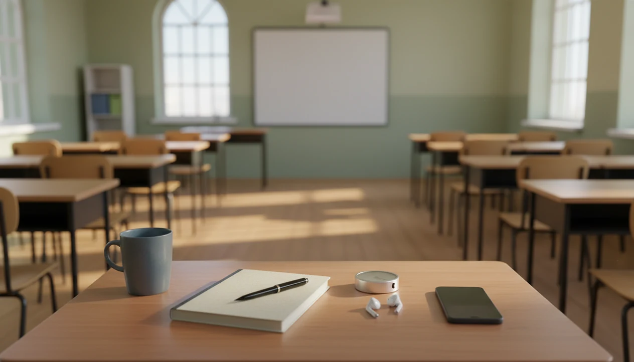 A calm empty classroom seen from a teacher’s desk with a notebook, mug, timer, phone, and earbuds.