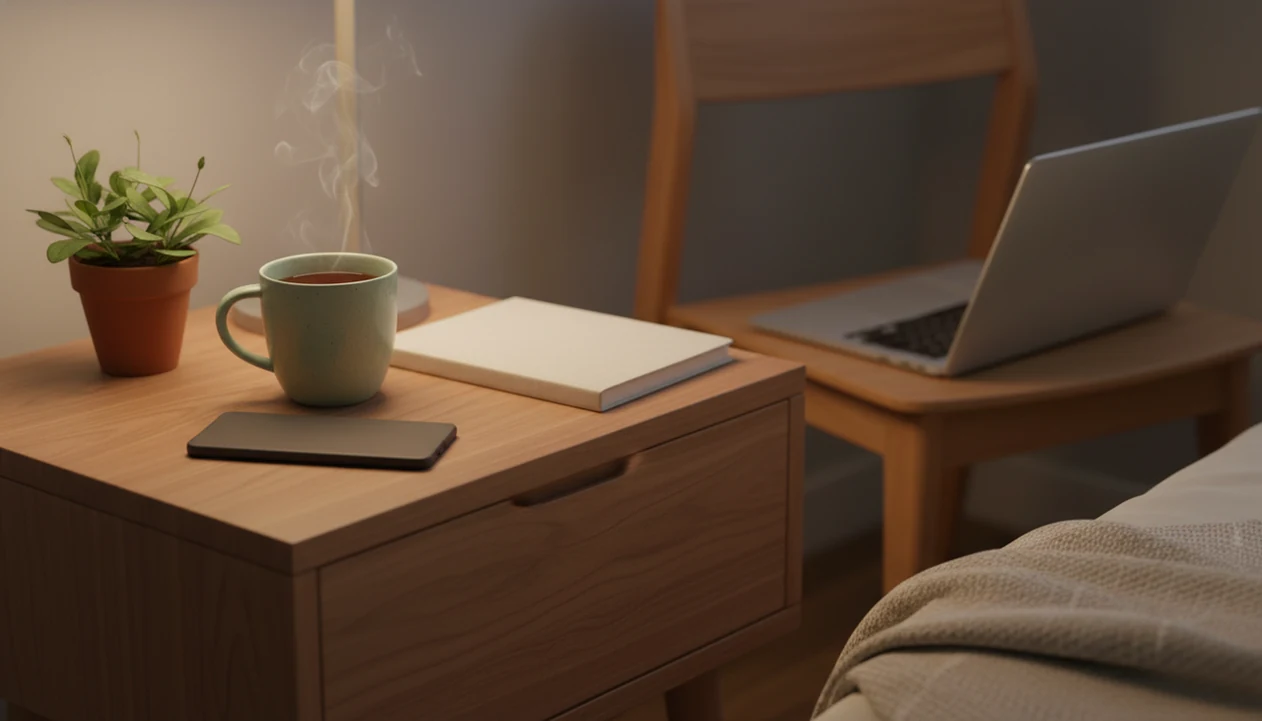 A calm bedside still life shows tea, a plant, a face-down phone, and work set aside for rest.