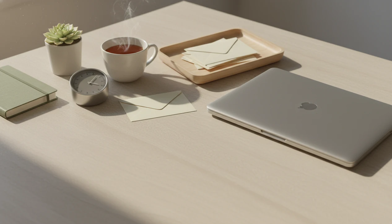 A calm desk with a closed laptop, envelopes, timer, tea, and plant arranged for focused email boundaries.