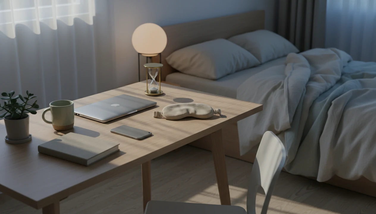 A calm desk and bedside still life suggests rest, boundaries, and gentle burnout recovery.
