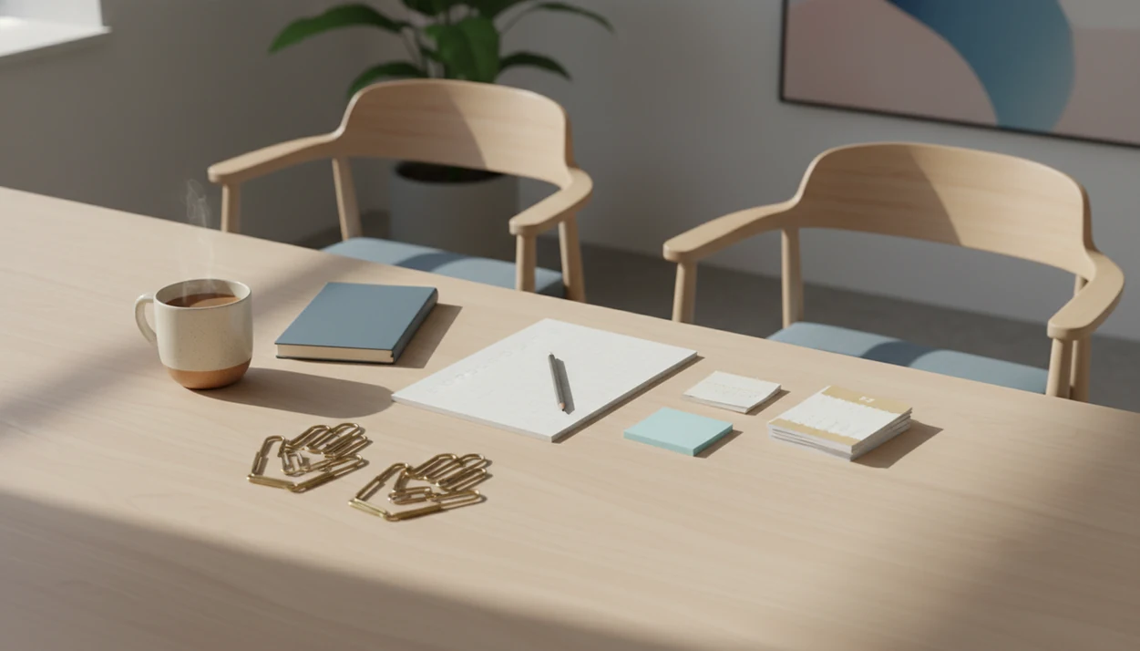An empty workplace table shows listening objects beside practical support tools for a calm conversation.