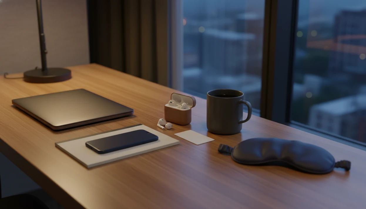 A quiet executive desk still life suggests work transitions, travel, and bedtime calm.