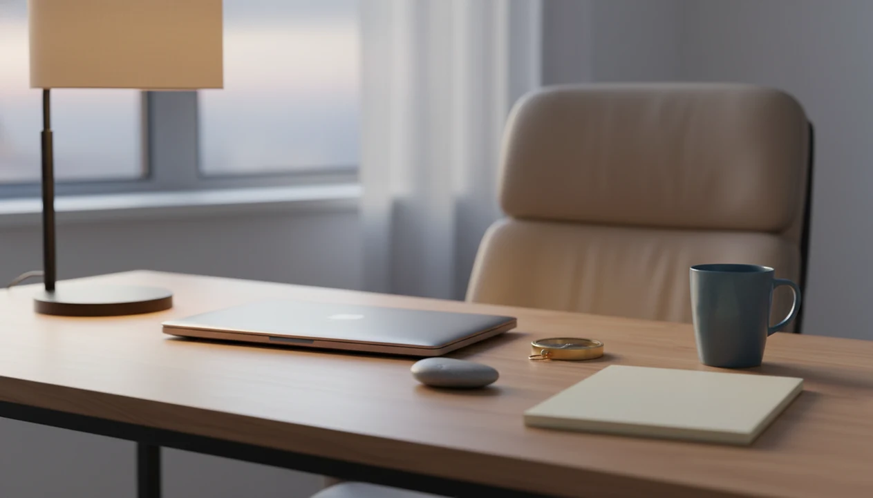 A calm desk with a closed laptop, blank notebook, compass, stone, and morning light through a window.
